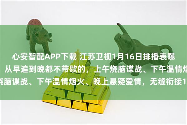 心安智配APP下载 江苏卫视1月16日排播表曝光，精彩大剧一部接一部，从早追到晚都不带歇的，上午烧脑谍战、下午温情烟火、晚上悬疑爱情，无缝衔接12小时